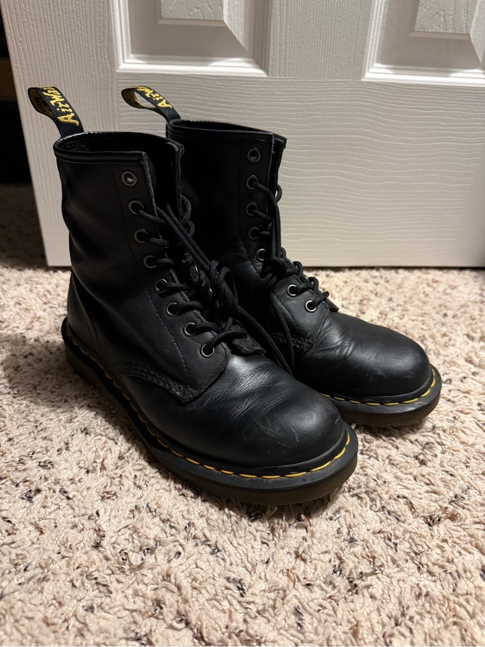Dr. Martens Black Leather 8-Eye Lace-Up Boots with Yellow Stitching